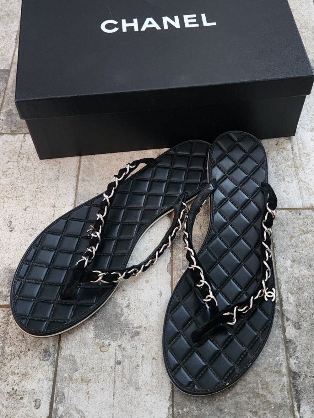 Chanel Black Quilted Flat Thong Sandals